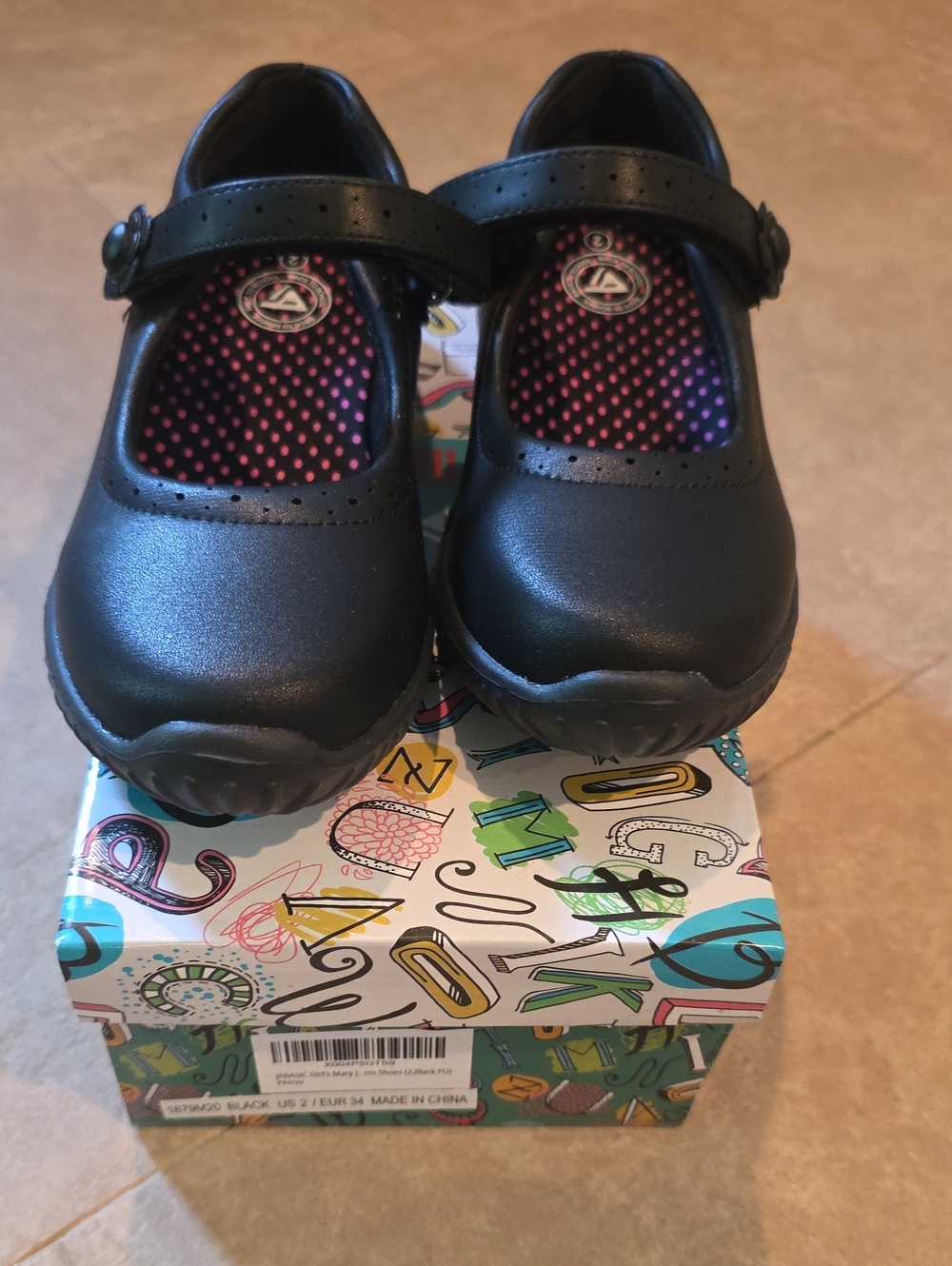 Girls Black Mary Jane Shoes with Pink Polka Dot Insole. Memory Foam Size 2